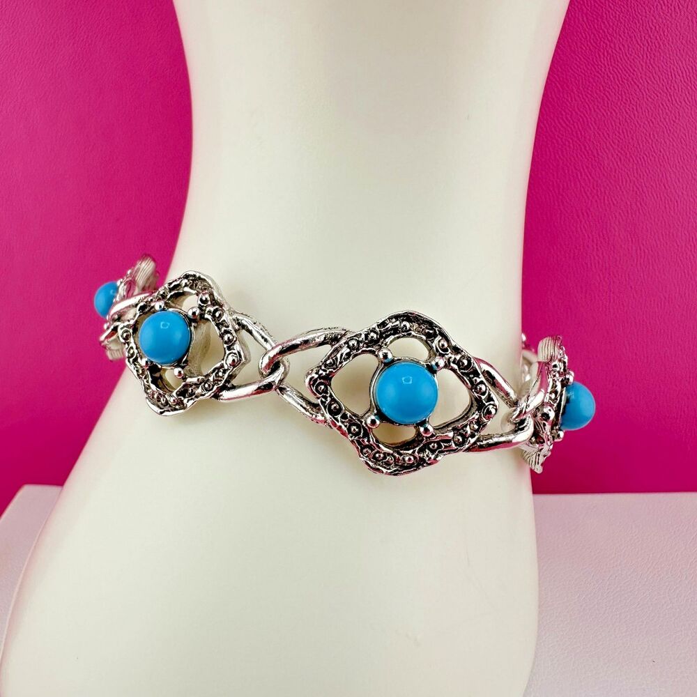 Vintage Bracelet Sarah Coventry Silver Tone Turquoise Blue Cabochons Blue Lady